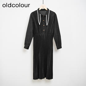 oldcolour秋冬款黑色高腰气质百褶长袖连衣裙DN43103607