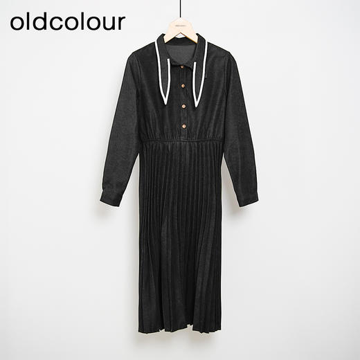 oldcolour秋冬款黑色高腰气质百褶长袖连衣裙DN43103607 商品图0