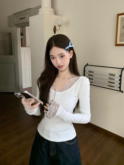 <曾小咸推荐>蝴蝶结蕾丝拼接针织长袖 日常99/件 活动价69.99！【预售款，预计3-15天发货】 商品图3