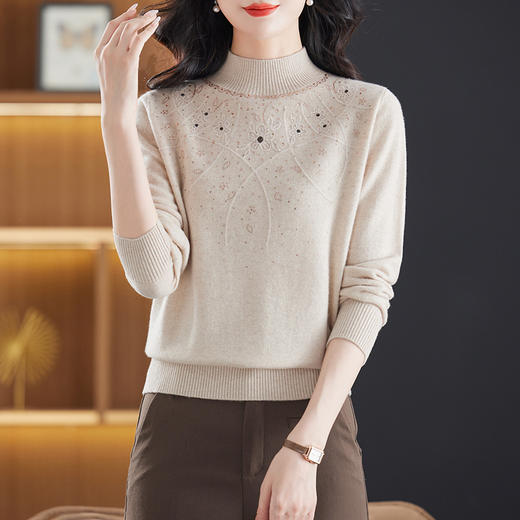 CC-13-6910半高领毛衣100纯羊毛衫女秋冬款时尚镶钻内搭加厚软糯打底针织衫 商品图3