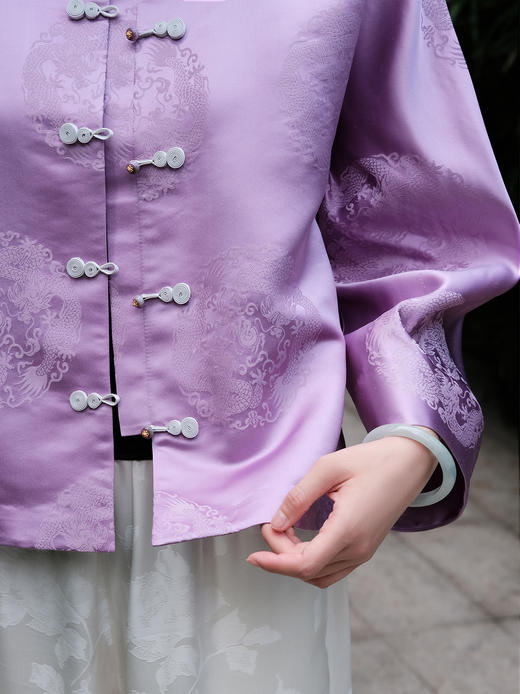 盛唐牡丹|丁香紫花蕾缎双龙团纹外套 商品图1