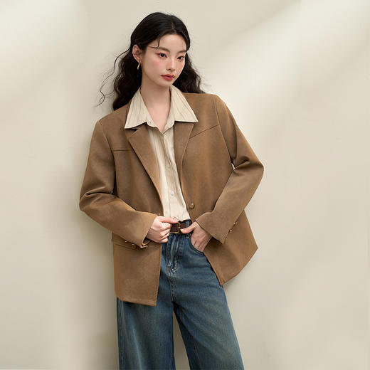 复古经典简约枪驳领宽肩西装外套女秋冬洗水哑光PU上衣V3642525 商品图2