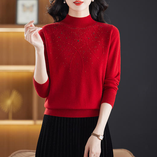 CC-13-6910半高领毛衣100纯羊毛衫女秋冬款时尚镶钻内搭加厚软糯打底针织衫 商品图0