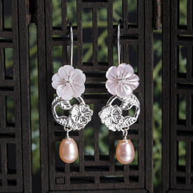 s925银古风贝壳樱花个性淡水珍珠耳环YM