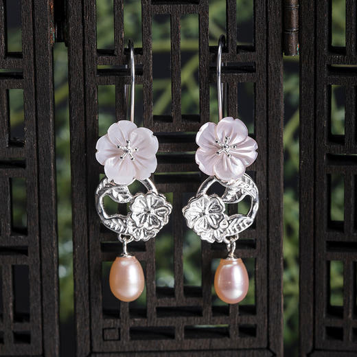 s925银古风贝壳樱花个性淡水珍珠耳环YM 商品图0