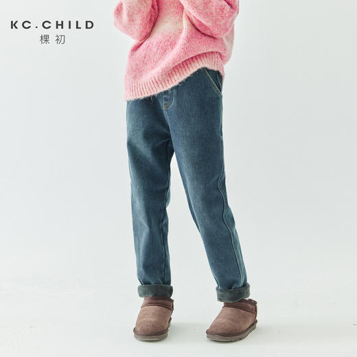 棵初2024年冬季新款儿童弹力加绒小脚牛仔裤女童水洗磨白复古长裤 商品图0