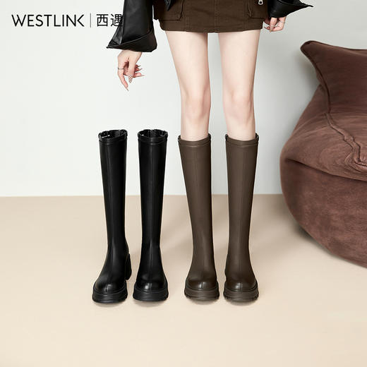 西遇高筒骑士靴女新款秋冬英伦风圆头长靴小个子厚底长筒靴V3947752 商品图0