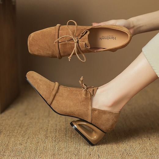 【预售5天】美拉德羊反绒时装鞋女方头时尚系带粗跟深口单鞋LD&6932 商品图3