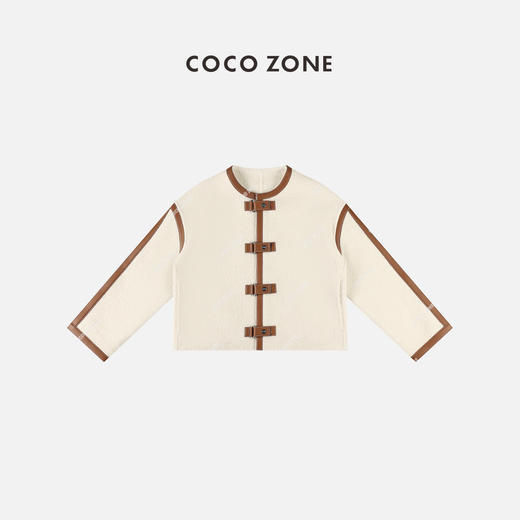 COCO ZONE 法式气质拼皮外套圆领单配扣设计感毛呢23C29646 商品图1