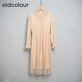 oldcolour春秋款米色网纱碎花长袖连衣裙女DN13103009