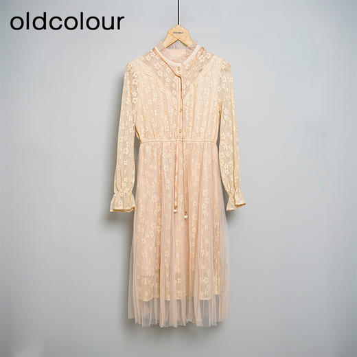 oldcolour春秋款米色网纱碎花长袖连衣裙女DN13103009 商品图0