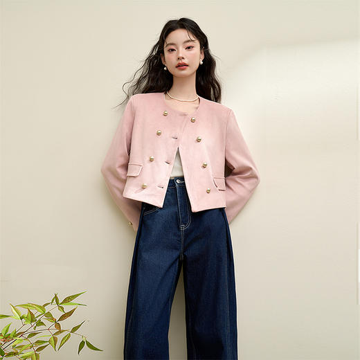 法式优雅麂皮小香风外套女秋季圆领双排扣宽肩截短外套V3742442 商品图3
