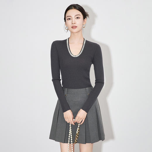 【高货】全新升级【铂金会员220/天猫289/差价69】(34732) 洛诗琳法式重工优雅气质重工U领珍珠绵羊毛针织打底上衣女 商品图0