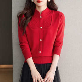 CC-66-5845新中式国风假两件针织衫上衣女新款设计感时尚立领打底衫修身毛衣