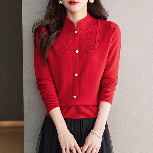 CC-66-5845新中式国风假两件针织衫上衣女新款设计感时尚立领打底衫修身毛衣 商品图0