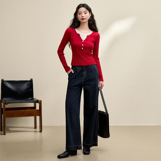 西遇假两件针织衫上衣女新款内搭修身短款长袖打底衫D3742579 商品图1