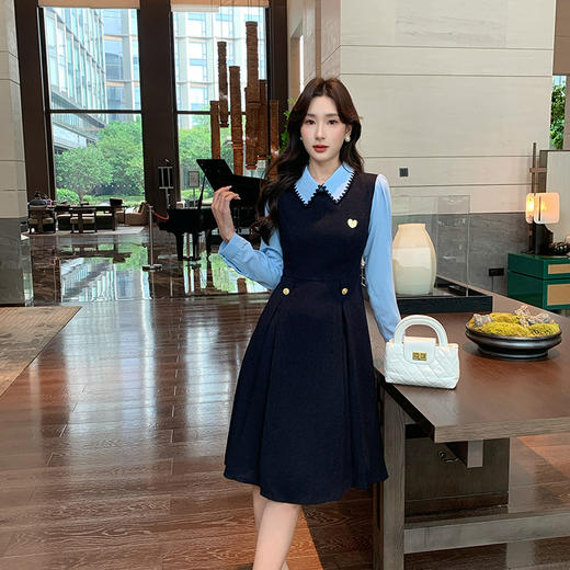 奢姿大码女装2024秋季假两件时尚学院风裙子胖妹妹气质翻领连衣裙9943890198 商品图4