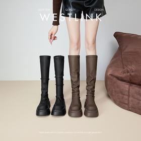 西遇增高长筒骑士靴女新款秋冬小个子法式不过膝厚底高靴黑色长靴V3747764