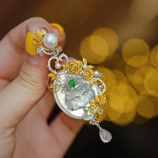 龢盒原创 高冰翡翠虎头蔷薇胸针吊坠耳环多用款 商品图0
