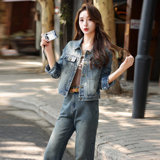 时尚休闲时髦做旧牛仔外套长裤两件套YF9675 商品图1