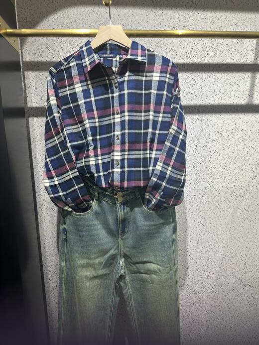 【女士法兰绒衬衫】占姆士宽松格子条纹衬衫别致休闲法兰绒外套慵懒风女学生秋 商品图1