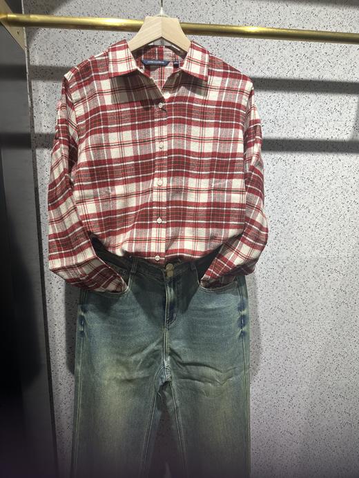 【女士法兰绒衬衫】占姆士宽松格子条纹衬衫别致休闲法兰绒外套慵懒风女学生秋 商品图3
