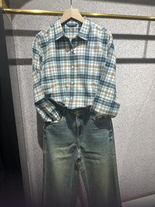 【女士法兰绒衬衫】占姆士宽松格子条纹衬衫别致休闲法兰绒外套慵懒风女学生秋 商品图2