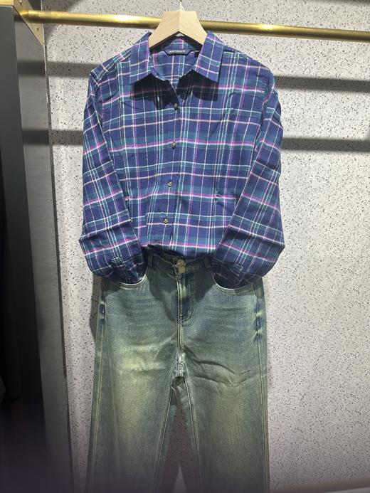 【女士法兰绒衬衫】占姆士宽松格子条纹衬衫别致休闲法兰绒外套慵懒风女学生秋 商品图7