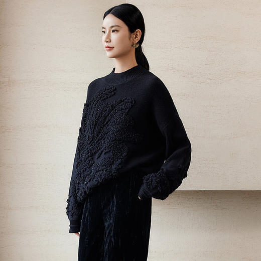 玳莎中式提花钉珠针织衫女2024年冬季新款宽松慵懒落肩袖圆领毛衣  ED33305 商品图1