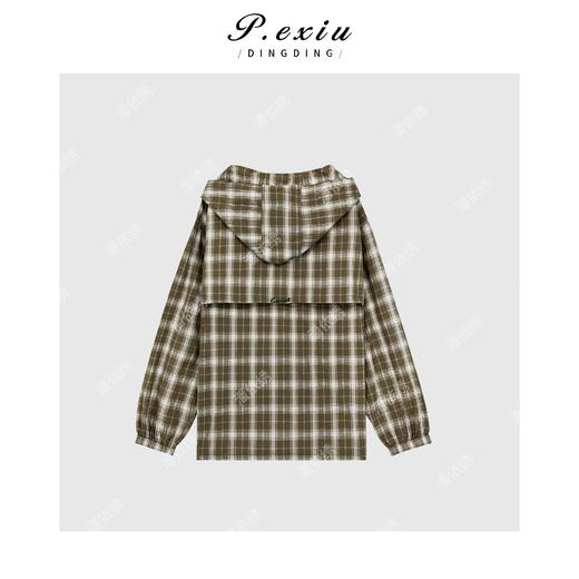 03-5潘依绣丁丁宠粉PanYiXiu/潘依绣设计感随性松弛连帽格子长袖衬衫 W-62413 商品图2