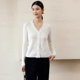 玳莎100%羊绒针织开衫女冬季新款剪毛设计感V领上衣毛衣外套  ED33302