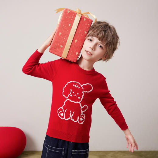 mettekids儿童100%羊绒衫秋冬男童中国红套头毛衣女童针织衫童装 商品图1