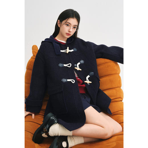 【严选】诗凡黎牛角扣连帽毛呢外套2024年冬新款马海毛复古百搭中长款大衣SF8370281 商品图0