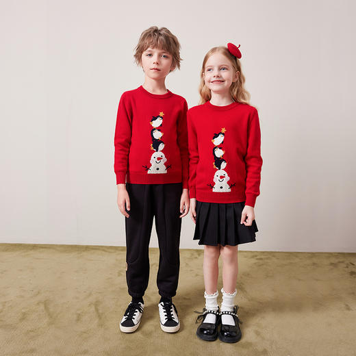 mettekids儿童100%羊绒衫2024秋冬新款男童卡通针织女童红色毛衣 商品图3