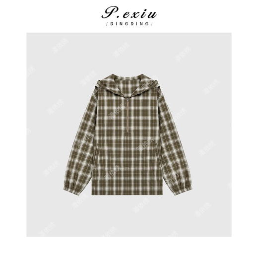 03-5潘依绣丁丁宠粉PanYiXiu/潘依绣设计感随性松弛连帽格子长袖衬衫 W-62413 商品图1