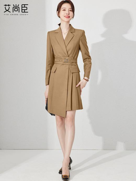 艾尚臣卡其色秋季长袖西装连衣裙时尚收腰女装高级感职场工作裙子 商品图1