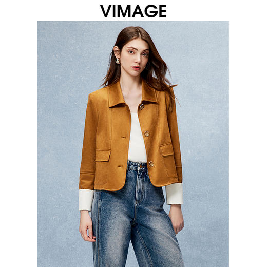 VIMAGE纬漫纪气质翻领显瘦直筒撞色绒面深咖色短外套秋季新款V2203811 商品图5