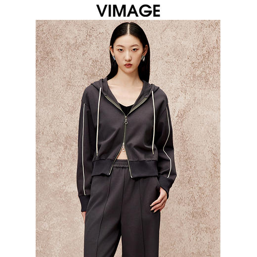 VIMAGE纬漫纪时尚双头拉链休闲连帽卫衣秋季新款V2203808 商品图5