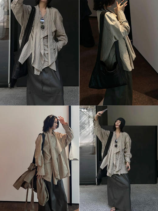 HIDEMI 极简廓形不对称堆叠感设计感圆领长袖衬衫上衣 马斯正红/奶油米/色织格纹 商品图1