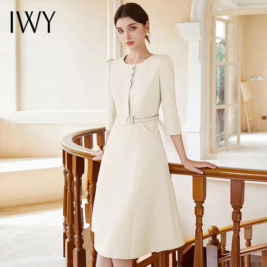 IWY/米白色上班族通勤连衣裙秋装女圆领西装裙七分袖职业装工作服单件Q1173 商品图1