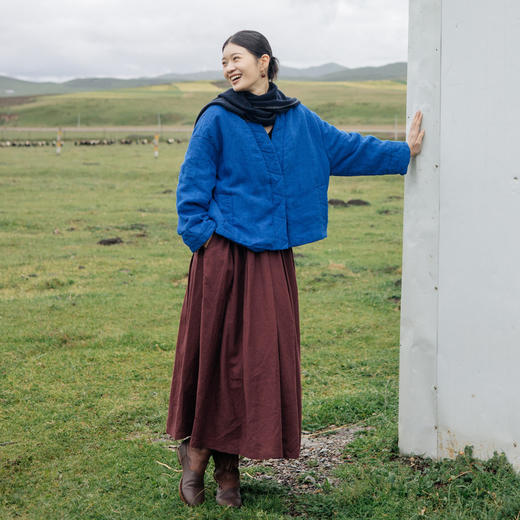 绽放旅行女装649朵/秋冬全亚麻蚕丝绵填充短款棉衣中式v领棉服 商品图4