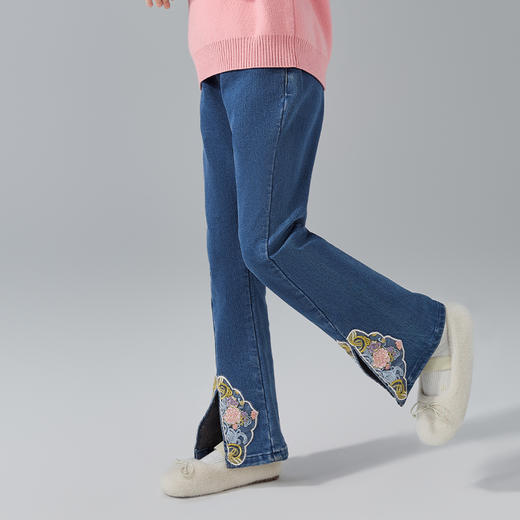 笛莎Deesha女童裤子2024冬季新款中童女童国风刺绣牛仔喇叭裤 商品图1