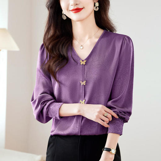 TZW-蝴蝶装饰刺绣v领衬衫通勤气质长袖上衣 商品图0