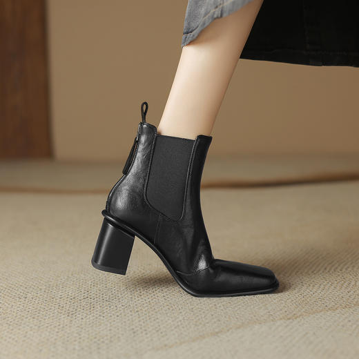 阿么手工女鞋2024冬季新款高跟切尔西靴英伦风拼接雅丹风短靴6CM 商品图2