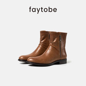 faytobe英伦风马丁靴秋时尚休闲复古胎牛皮褶皱粗跟短靴女士