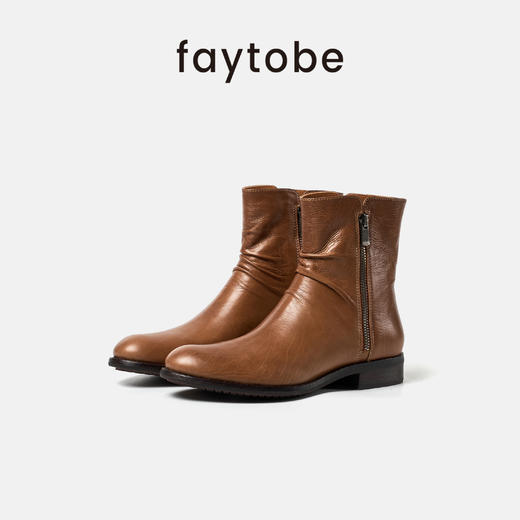 faytobe英伦风马丁靴秋时尚休闲复古胎牛皮褶皱粗跟短靴女士 商品图0