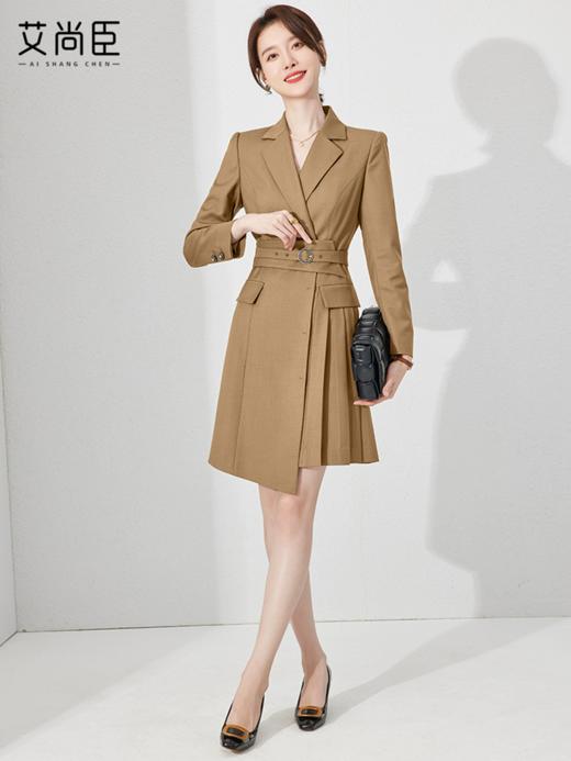 艾尚臣卡其色秋季长袖西装连衣裙时尚收腰女装高级感职场工作裙子 商品图2