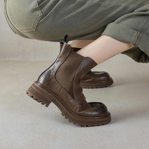 阿么手工女鞋真皮厚底切尔西短靴女拼接英伦风秋冬新款靴子4.5CM 商品图4