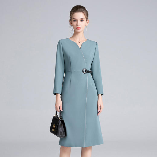 全新升级【铂金会员413/天猫559/差价146】(12519) 洛诗琳气质优雅开口V领连衣裙2024秋季设计感通勤职业裙 商品图1