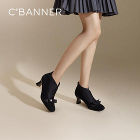 千百度蝴蝶结扣饰粗高跟时装靴女冬季通勤时尚洋气小短靴A24523523